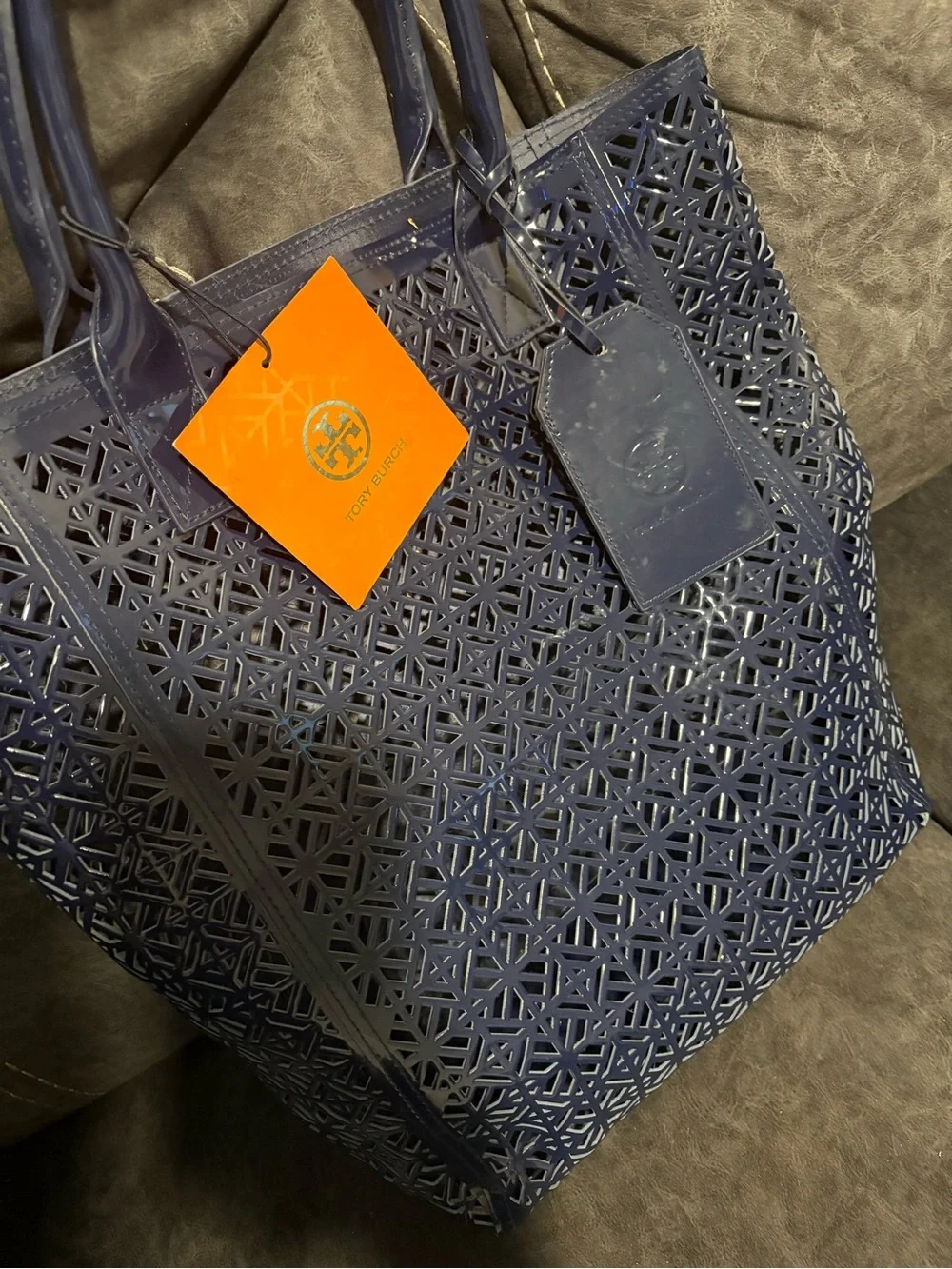 Tory Burch Navy Laser-Cut Leather Tote with Tag